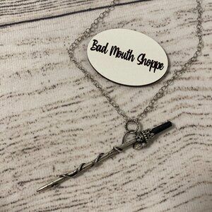 *Sterling Silver Witch Harry Potter Snake Slytherin Wand Black Obsidian Necklace